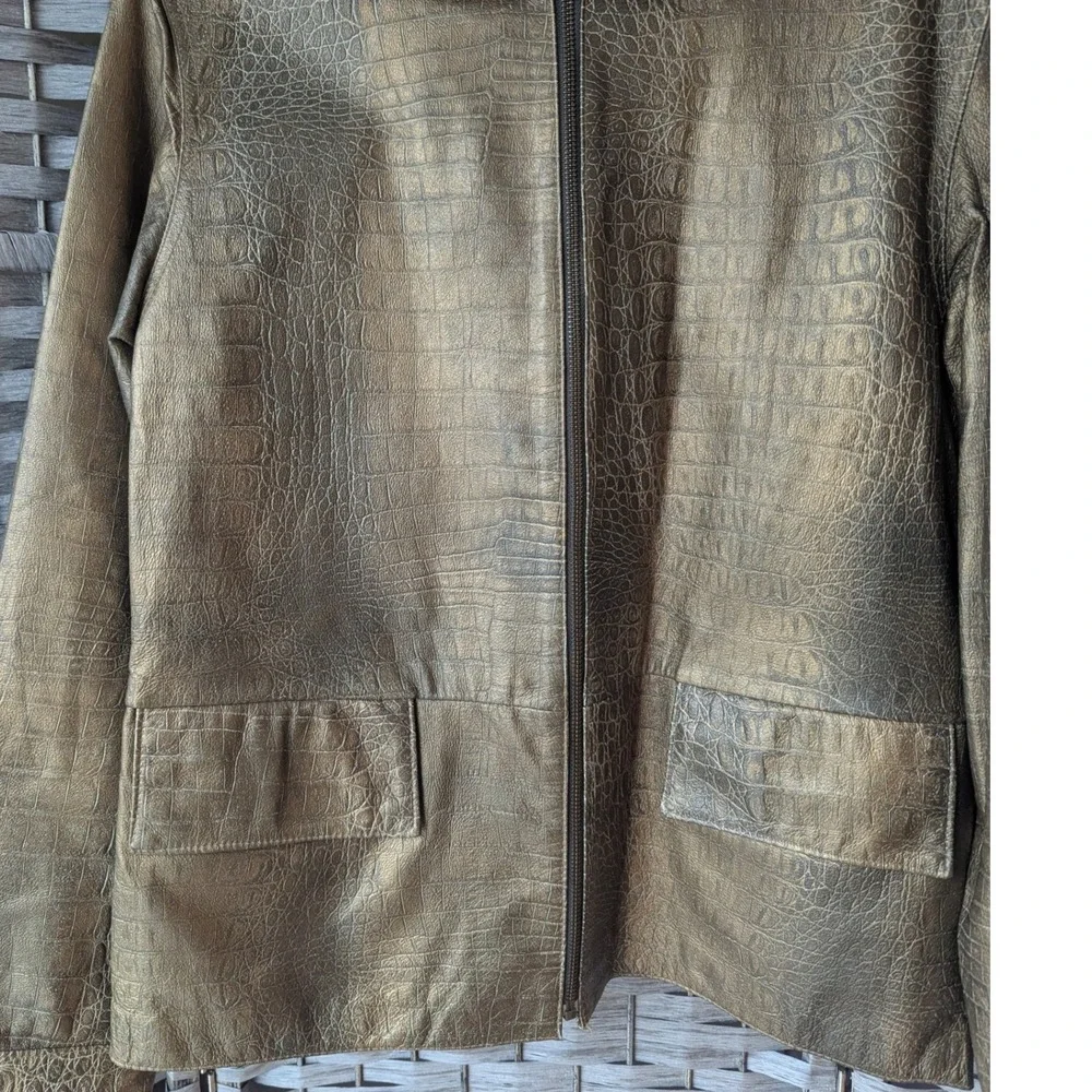 Chico's Leather Jacket Gold Croc Embossed Metallic Sz 1‎ (M 8/10) Glam Mobwife